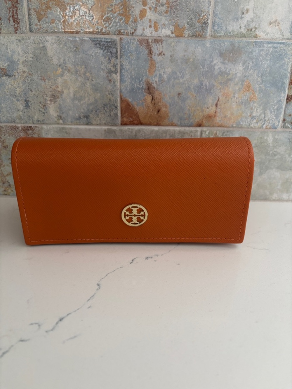 Tory Burch Orange Leather Eyewear Case with Gold Logo Medallion